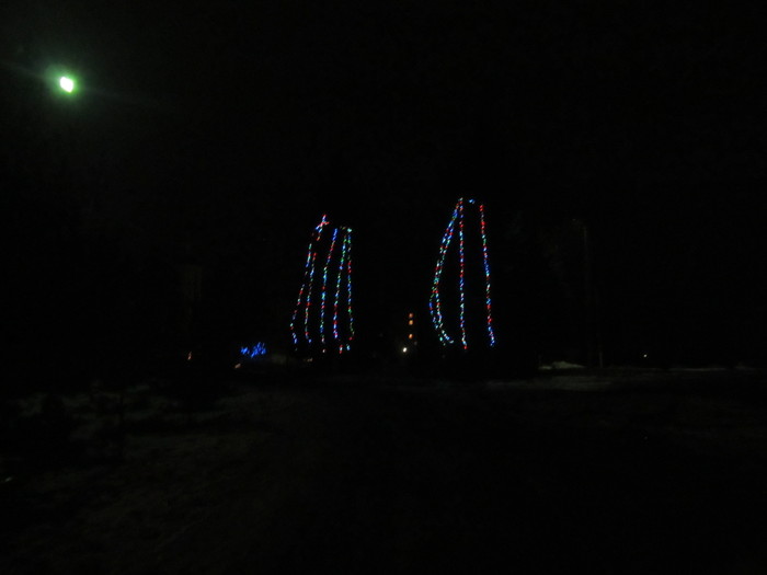 Елки около памятника ночью